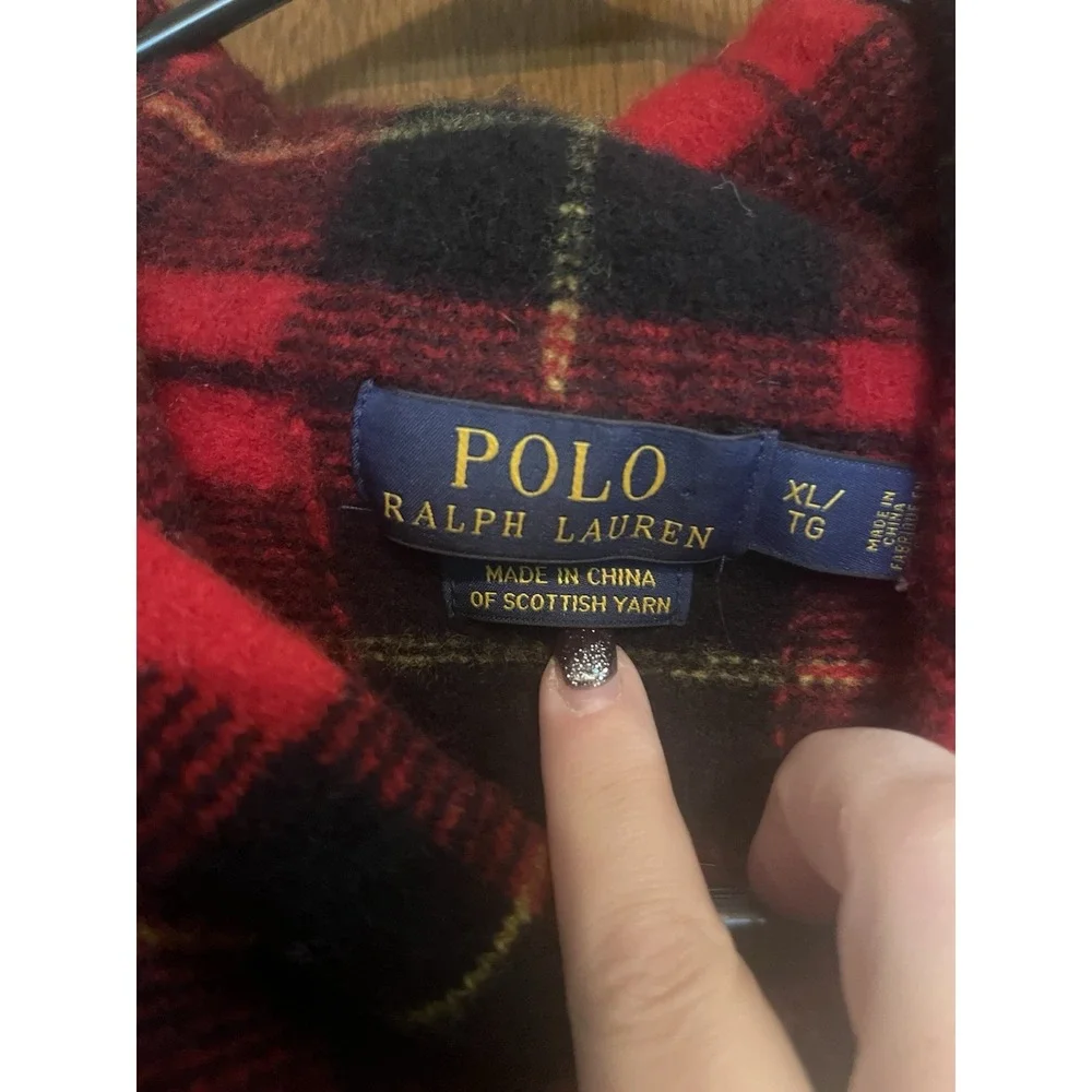 Polo‎ Ralph Lauren | Red & Black Plaid Lambswool Sweater | Shawl Collar | READ